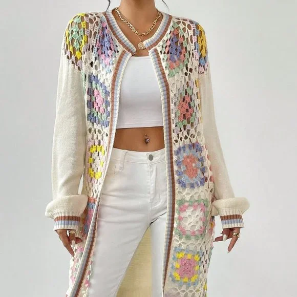 Multicolor Casual Womens Geo Pattern Drop Shoulder Open Front Cardigan - Picture 3 of 5